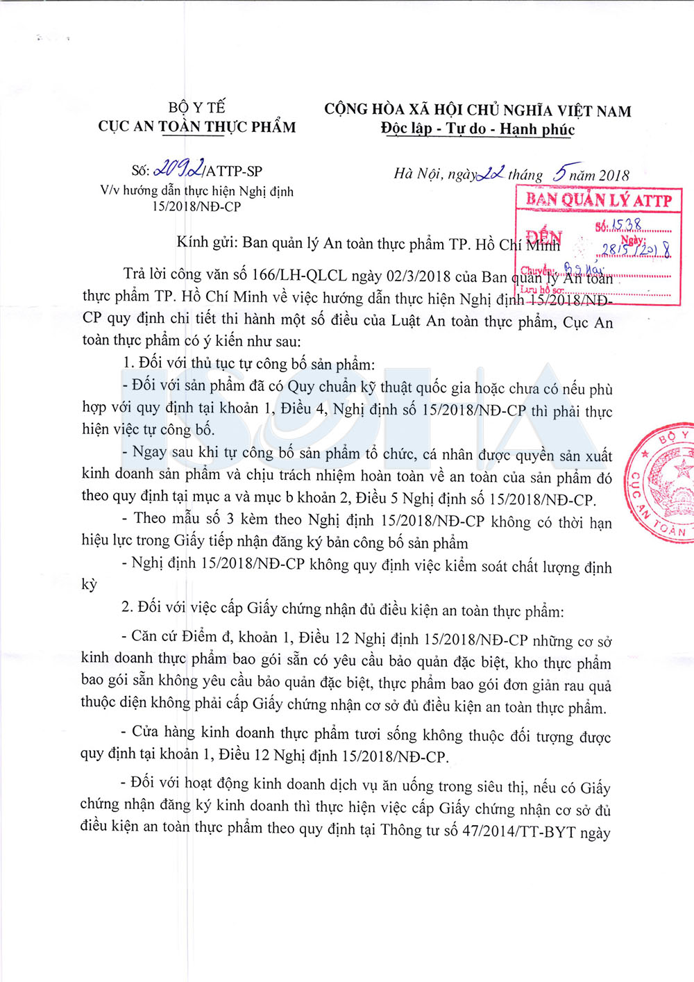 công văn 2092 attp cục an toàn thực phẩm bộ y tế hướng dẫn thực hiện nghị định 15 2018