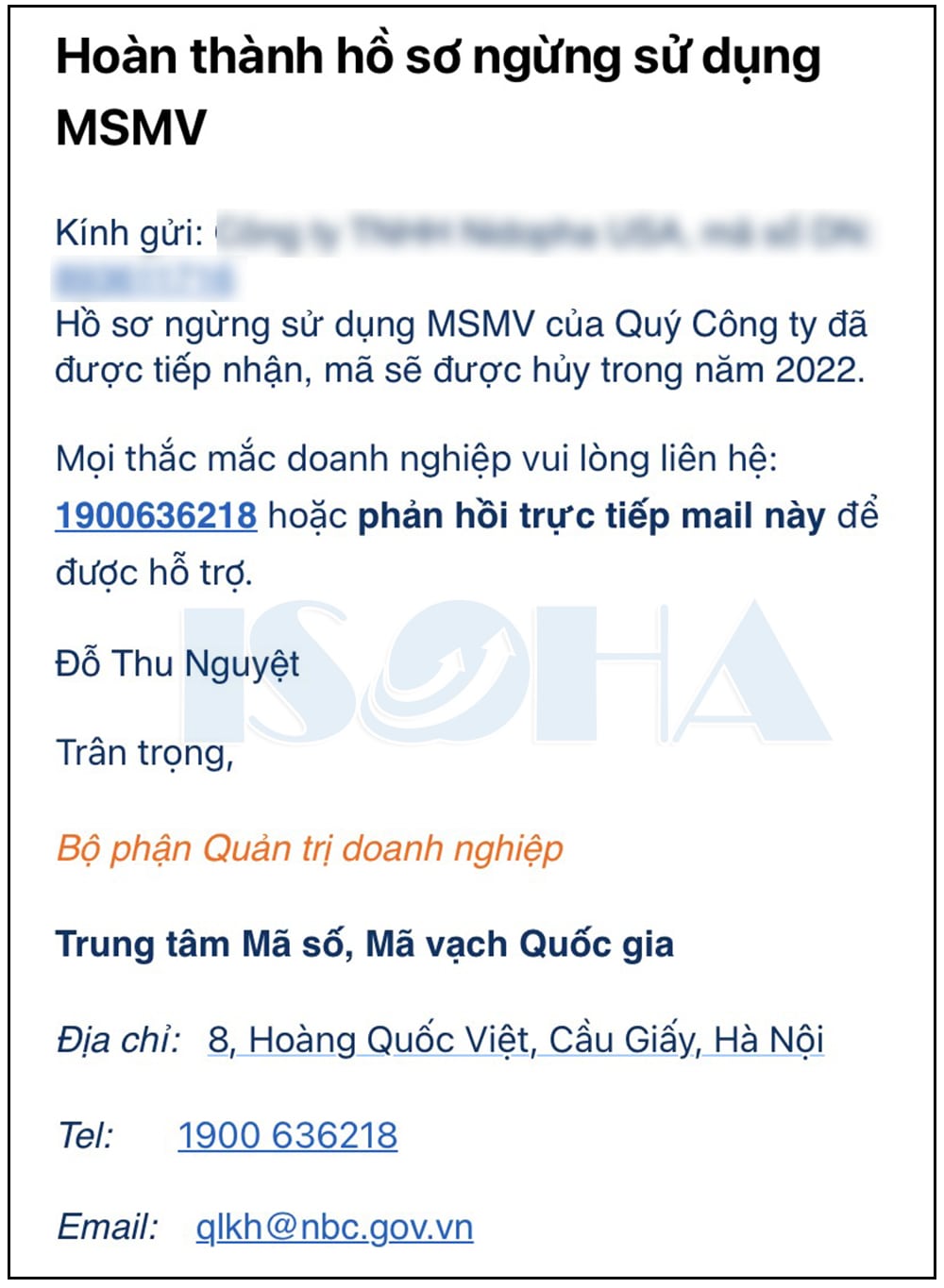 thông báo hoàn thành hồ sơ ngừng sử dụng mã số mã vạch msmv qua email